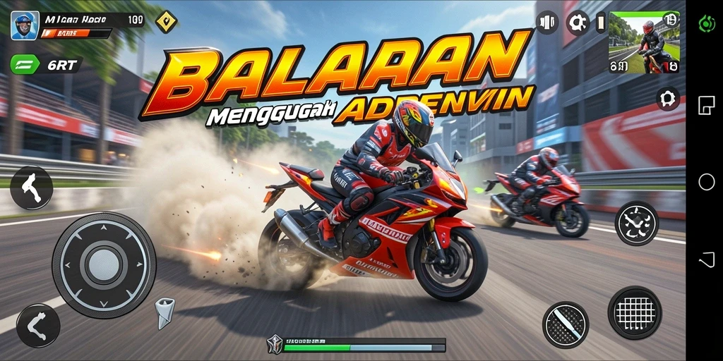 Screenshot gameplay 6RT menampilkan balapan motor yang mendebarkan.