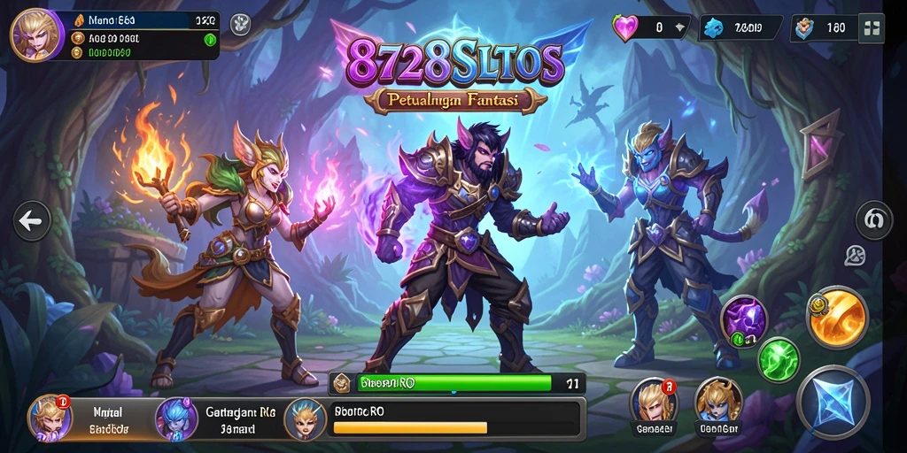 Screenshot gameplay 8728SLOTS menampilkan pertempuran epik di dunia RPG.