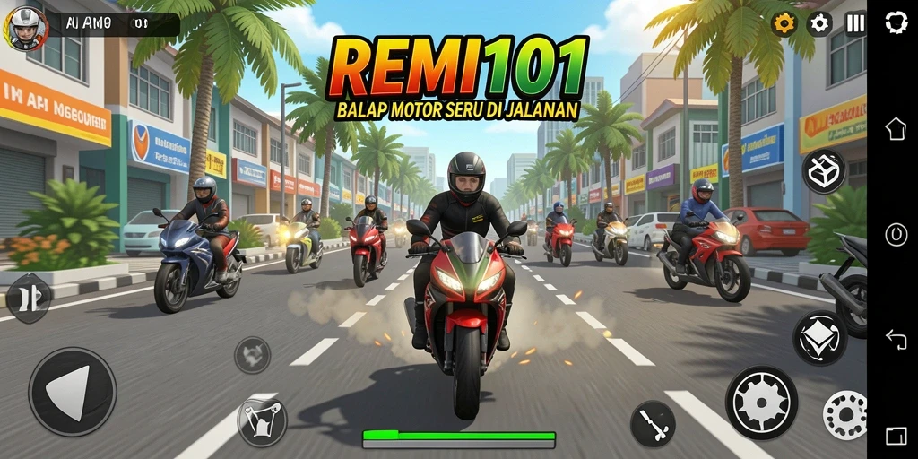 Screenshot REMI101 menampilkan aksi balapan motor yang intens.