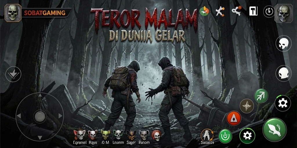 Screenshot utama menunjukkan karakter yang melawan hantu dalam suasana mencekam.