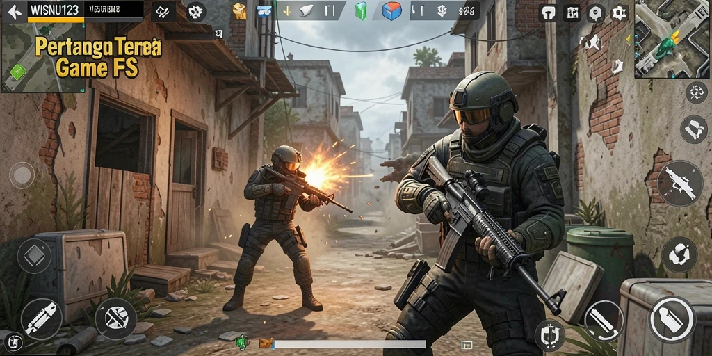 Tangkapan layar gameplay WISNU123 menampilkan aksi mendebarkan dalam pertempuran FPS.