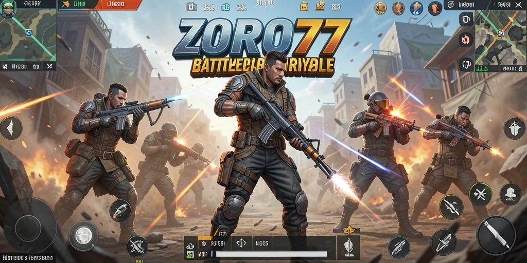 Tangkapan layar ZORO77 menunjukkan pertempuran intens dalam Battle Royale.